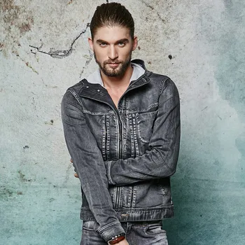 

men's vintage 2020 gray hood denim autumn zipper washed jean men stylish slim fit casual jacket with nood