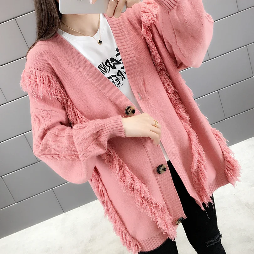 

TYHRU Autumn Women's Solid Color V-neck Long Sleeve Cardigan Single-breasted Fringe Knit Sweater