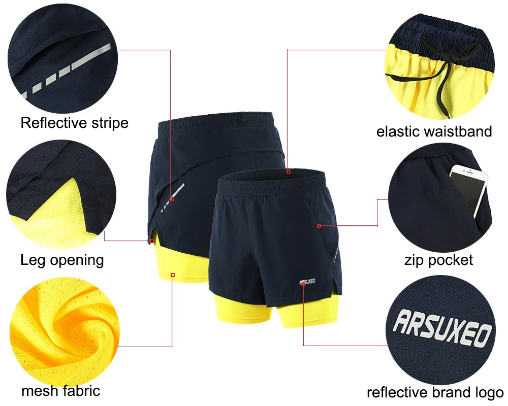 ARSUXEO Men's Running Shorts 2 in 1 Sports Shorts Quick Dry Active Training Exercise Jogging Gym Shorts With Zipper Pockets B202 5