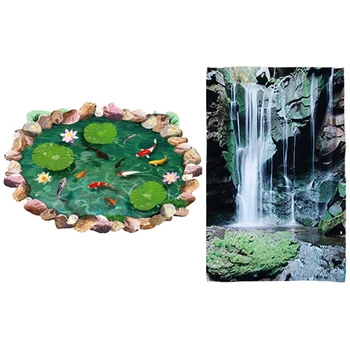 

3D Pool Wall Sticker Waterproof Lotus Pond Gold Fish & Pond Runoff Scenic Nature Picture Tapestry, Green+White