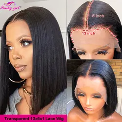 Transparent Straight Short Bob Human Hair Wigs Pre Plucked with Baby Hair Brazilian T Part Lace Wig For Women Natural Hairline
