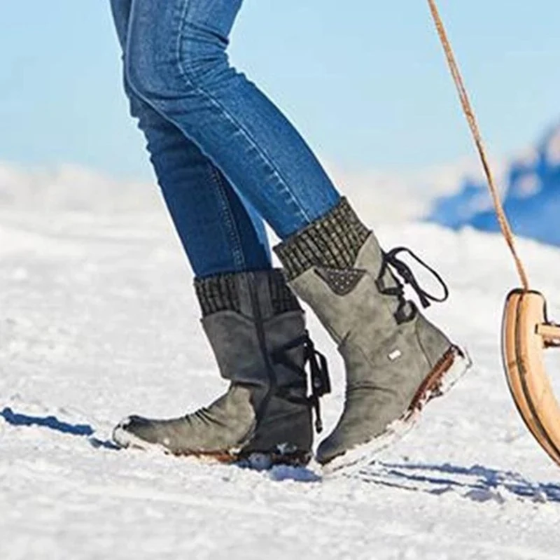 Зимние теплые сапоги до середины икры; женские модные повседневные удобные вязаные зимние сапоги на шнуровке; ботинки на низком квадратном каблуке; Mujer; D30