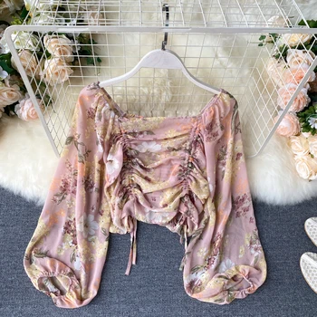 

Women New Fashion Drawstring Pleated Long Lantern Sleeve Retro Square Collar Floral Print Chiffon Shirt Summer Blouse L648