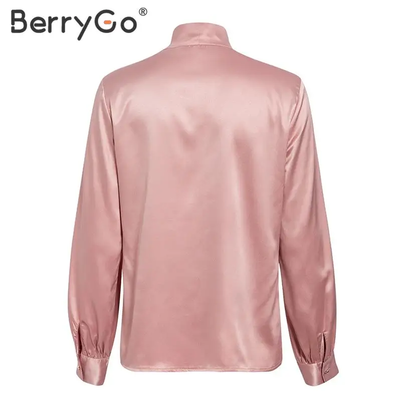 BerryGo Office ladies tie-neck women blouse shirt Summer spring long sleeve blouses Elegant bow work wear female top pink blusas