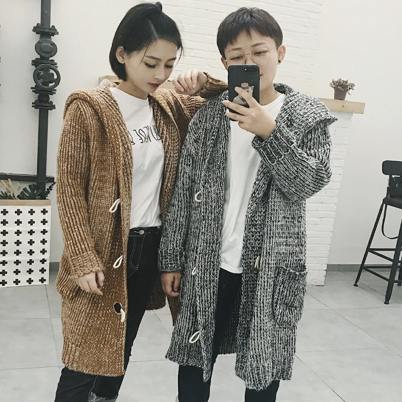 

Autumn and winter men's new Korean version of the long hooded horn buckle loose thick knit cardigan sweater coat