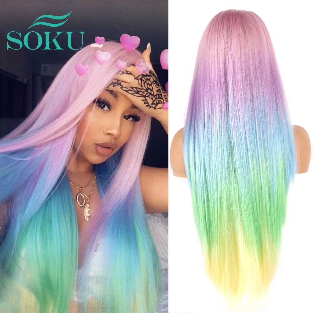 Cheap Wigs Lace-Wig Rainbow Cosplay Pink Colorful Blue Synthetic Women Straight/wavy Free-Part dV5ZkQw1j