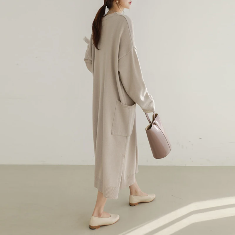 Beige SHENGPALAE Модный осенне-зимний кардиган с длинными рукавами Свободный женский длинный фондовый Повседневный корейский вязаный свитер пальто FT102 - Цвет: Beige