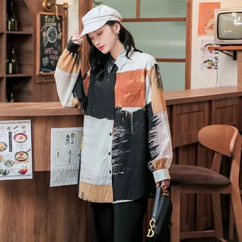 

Korea Fall 2020 Womens Tops And Blouses Color Block Long Sleeve Button Down Shirt Loose Top Korean Fashion Clothing Z033