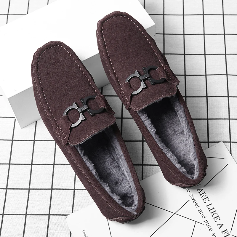 

Warm Mens Casual Shoes Brand Winter Snow Shoes Winter Loafers Moccasins Slip On Flat Male Driving Fur Shoes Lightweight Fashion
