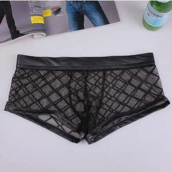 

gay underwear Men mesh Underwear Performance Transparent Boxers Men's Sexy Plaid Fishnet Boxer Gay Bar Black