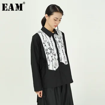 

[EAM] Women Black Pattern Printed Big Size Blouse New Lapel Long Sleeve Loose Fit Shirt Fashion Tide Spring Autumn 2020 1R843