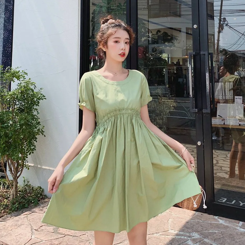 

Photo Shoot CHIC Smell GIRL'S Mustard Crew Neck Loose-Fit Drawstring Waist Hugging Pleated College Style A- line Dress Summer