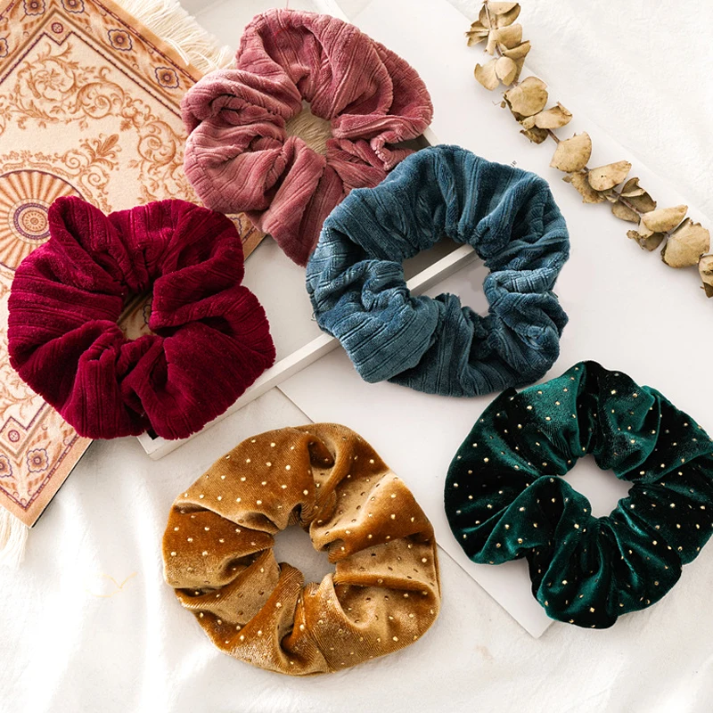 

Christmas Gold Velvet Scrunchies Solid Hair Ring Ties For Girls Ponytail Holders Rubber Band Green Hairband Hair Accessories