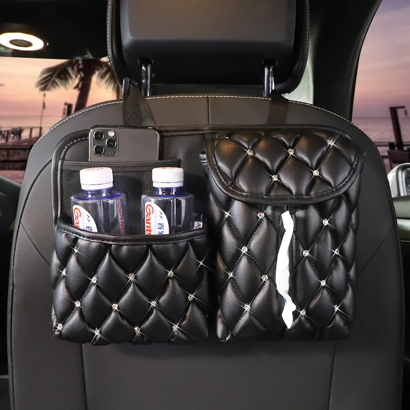 Diamond PU Leather Car Seat Back Storage Bag Organizer Multifunction Auto Interior Stowing Tidying Tissue Paper Holder Pocket