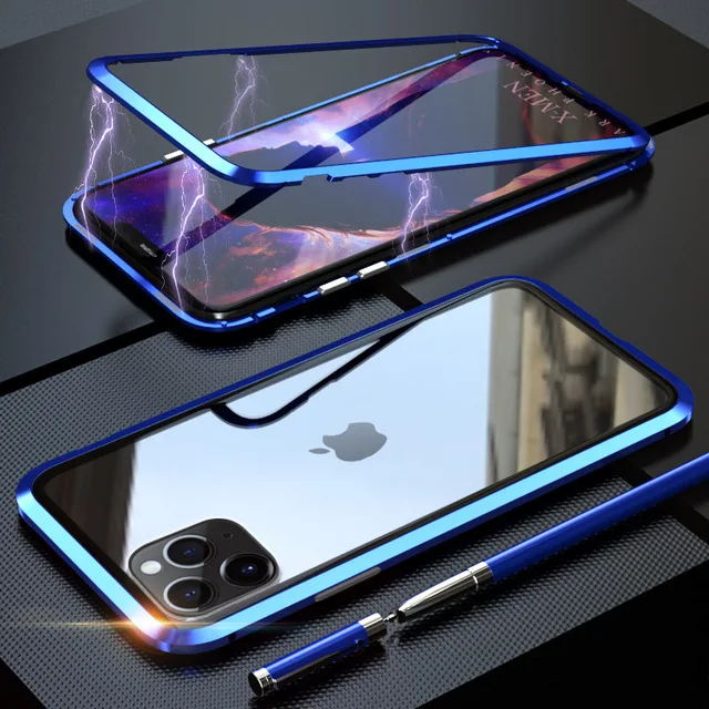 Blue Двухсторонний чехол из закаленного стекла для iphone 11 pro max, Передняя Задняя панель 360, металлический чехол с магнитной адсорбцией, защитная оболочка всего тела - Цвет: Blue