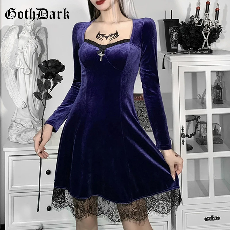 Goth Dark винтажное готическое велюровое осеннее платье для женщин Alt одежда гранж с