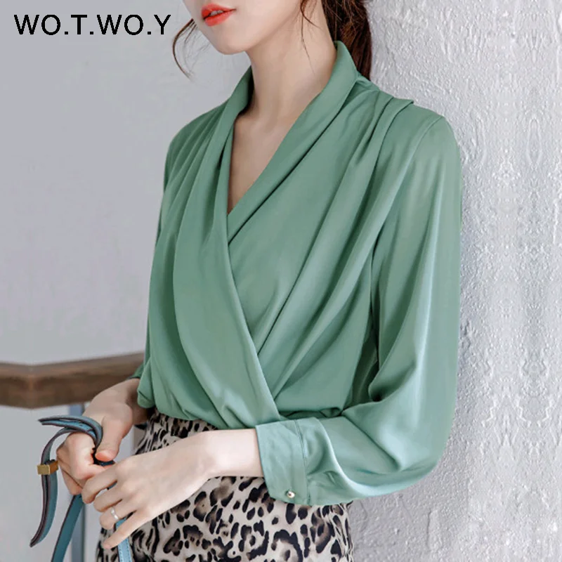 

WOTWOY Spring Summer Women's Blouse 2019 Office lady Smocking V-Neck Button's White Shirts Women Casual Fashion Women's Tops