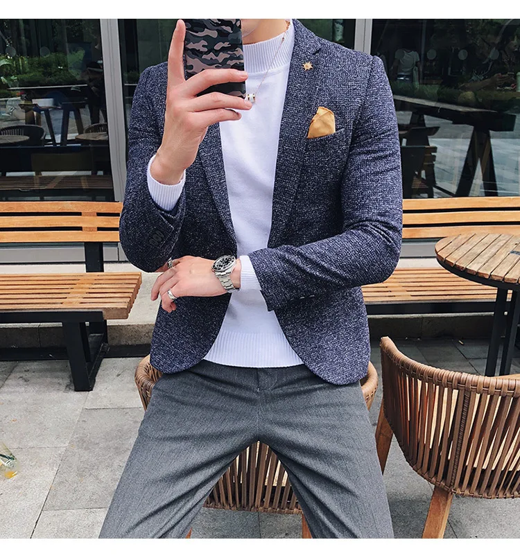 Мужской твидовый Блейзер Осень зима блейзер masculino slim fit повседневные мужские спортивные пиджаки hombre invierno ho Мужской Блейзер черный синий коричневый