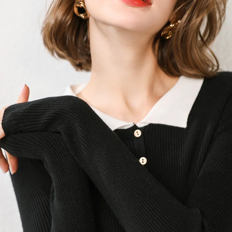 Женский комбинированный джемпер GCAROL, стрейчевый свитер с отложным воротником, вязаный пуловер с содержанием шерсти 30% в стиле минимализма, трикотажный джемпер размера 2XL