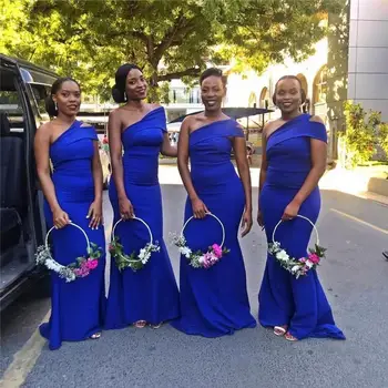 

Elegant Royal Blue Mermaid Bridesmaid Dresses One Shoulder Country Wedding Guest Party Gowns Customized Zipper Back