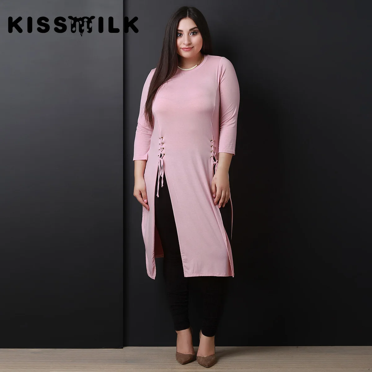 

Kisilk Europe And America Large Size Bilateral Slit Cross Straps Solid Color T-shirt