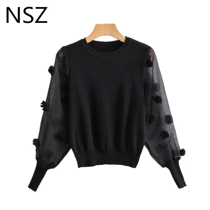 

NSZ Women Black Sweater Transparent Sleeve Knitwear Fashion Cropped Knitted Pullover Pull Femme Jumper
