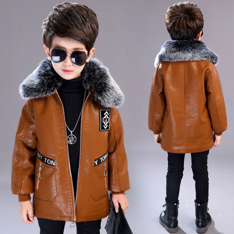 Комплекты для мальчиков кожаная куртка Детское пальто на осень и зиму с начесом и толстые стиль детские, средней длины в Корейском стиле-Стиль для военных
