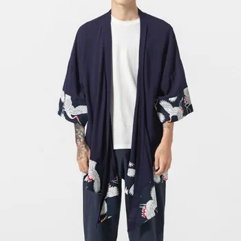 

Homens verão cotton & guindaste de linho patchwork longo trench coat homens vintage yukata Japonês kimono cardigan irregular man