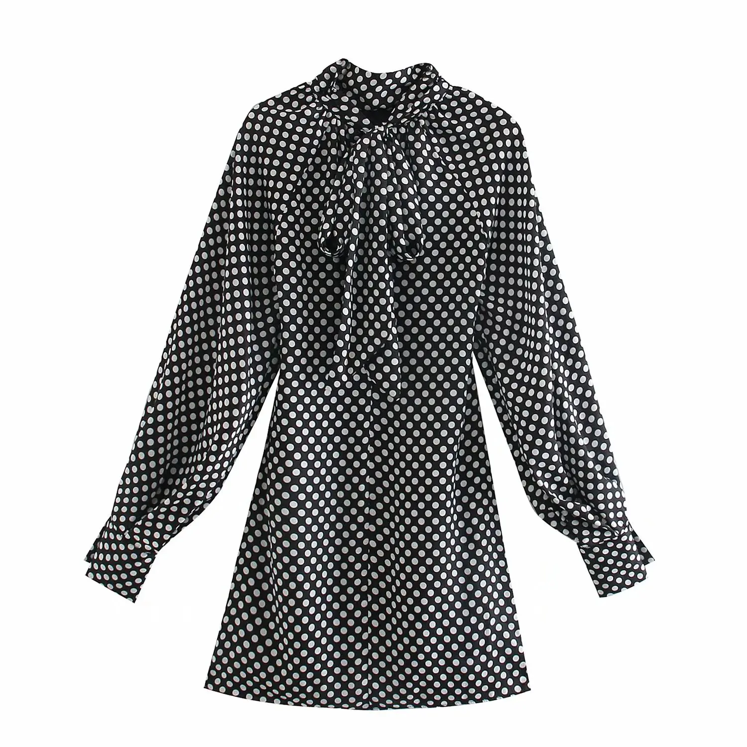 2020 New Women Dress Polka Dot High neck Bow Long Sleeves Short Dress Elegant Femme Robe Ropa Mujer Vestidos