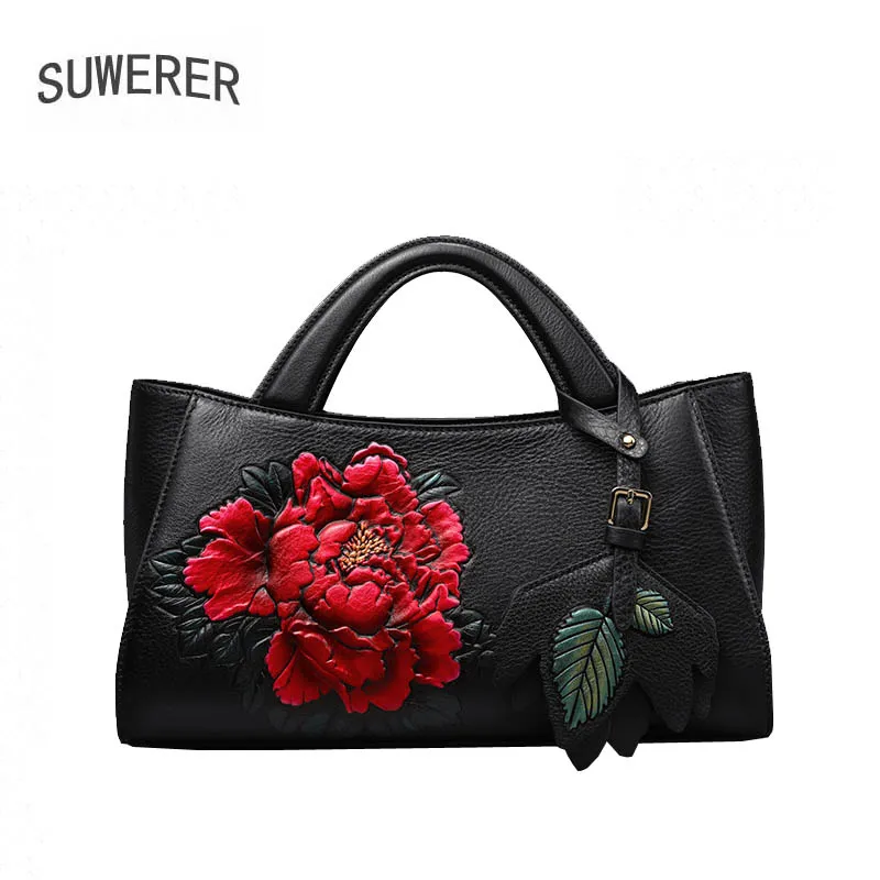 

SUWERER 2020 New Women leather bag fashion Luxury handbags women famous brand Genuine Leather bag real cowhide Embossed bag