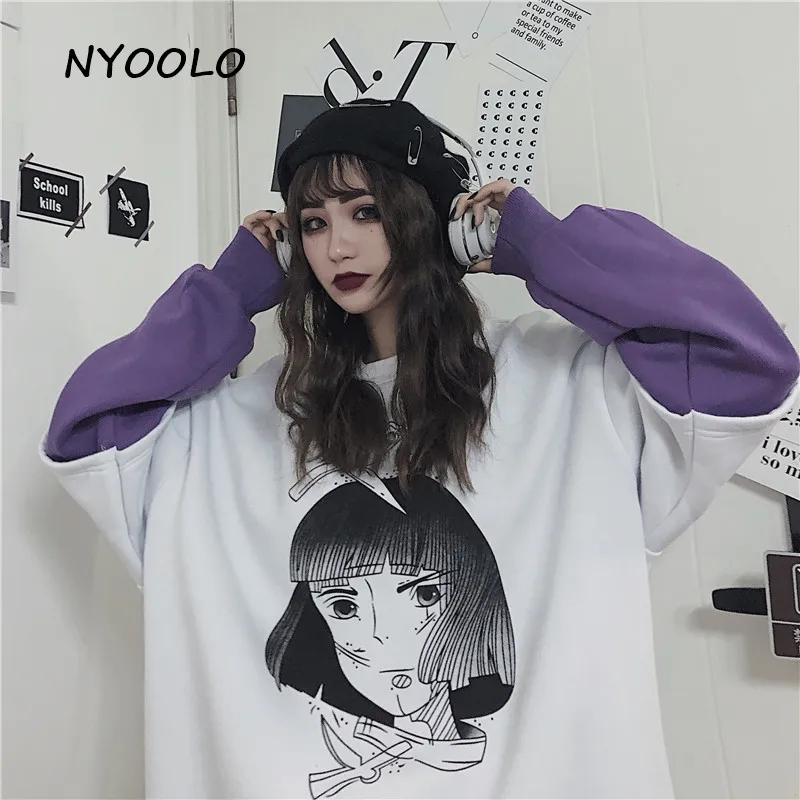 NYOOLO осень зима аниме мультфильм печати толстовки поддельные из двух частей лоскутное плюс бархат Теплый пуловер толстовка с капюшоном женские топы