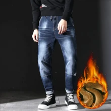 Зимние новые мужские теплые узкие джинсы Модные Повседневные Классические Стильные черные синие джинсовые стрейч брюки мужские Брендовые брюки