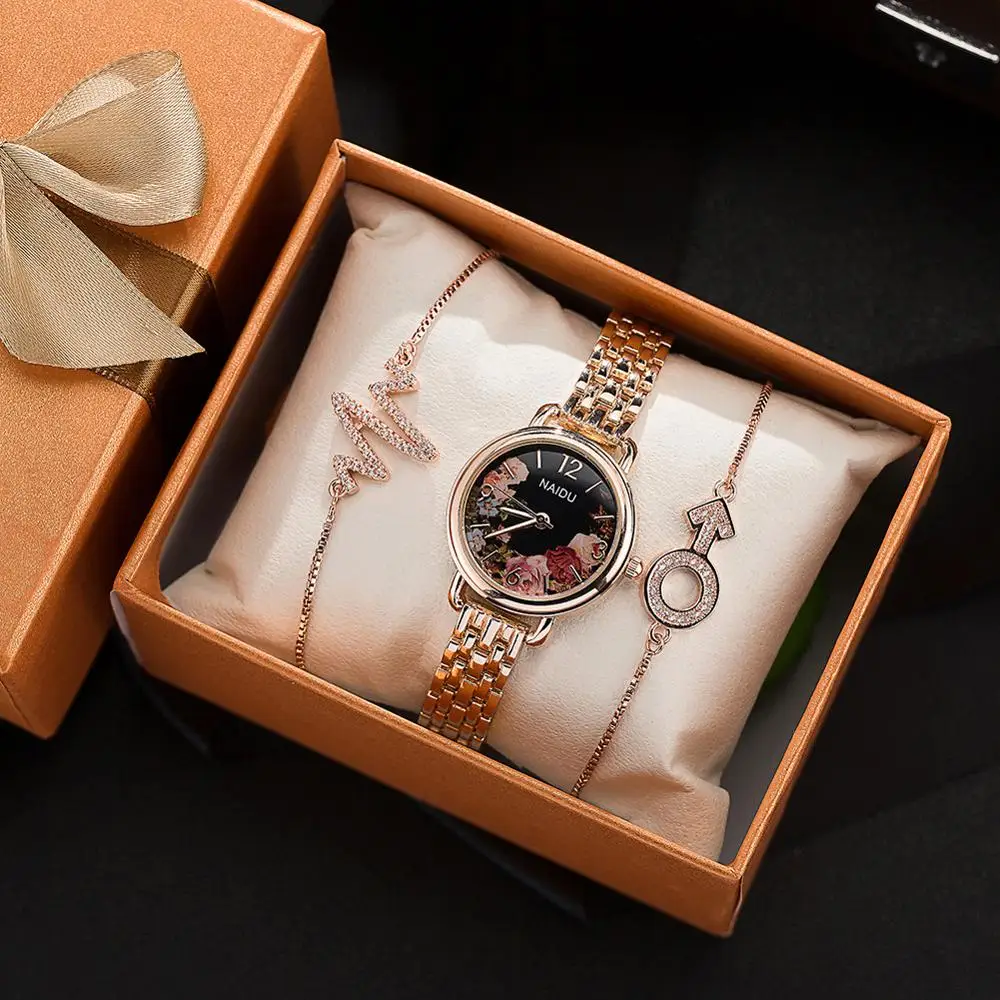 

Retro Flower Women Watch 3 pcs Fashion Stainless Steel Bracelets With Big Watch Box Set For Lovers Gift Rose Gold Quartz Clock