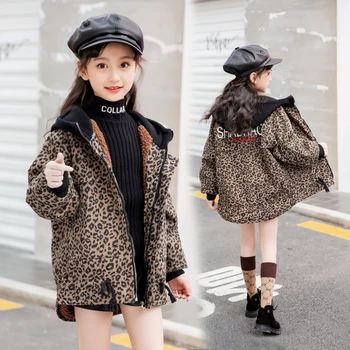 

Baby Girls' Winter Coat 5-15 Years Old Leopard Print Short Plush Lining Thick Winter Hooded Padded Trench Winter Jacket Kids
