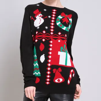 

Black Christmas Sweater Women Ugly Sweater Pullover Loose Autumn Winter Long Sleeve Knitted Jumper Tops M90591