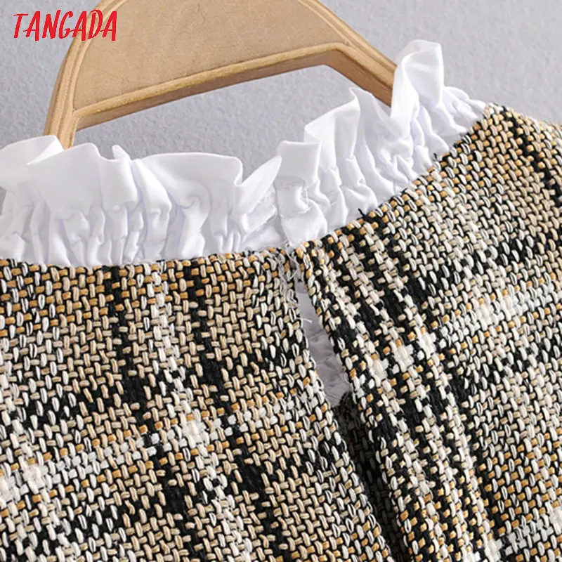 Tangada women plaid patchwork white blouse ruffle neck long sleeve sweet chic female casual shirt blusas femininas 6A167