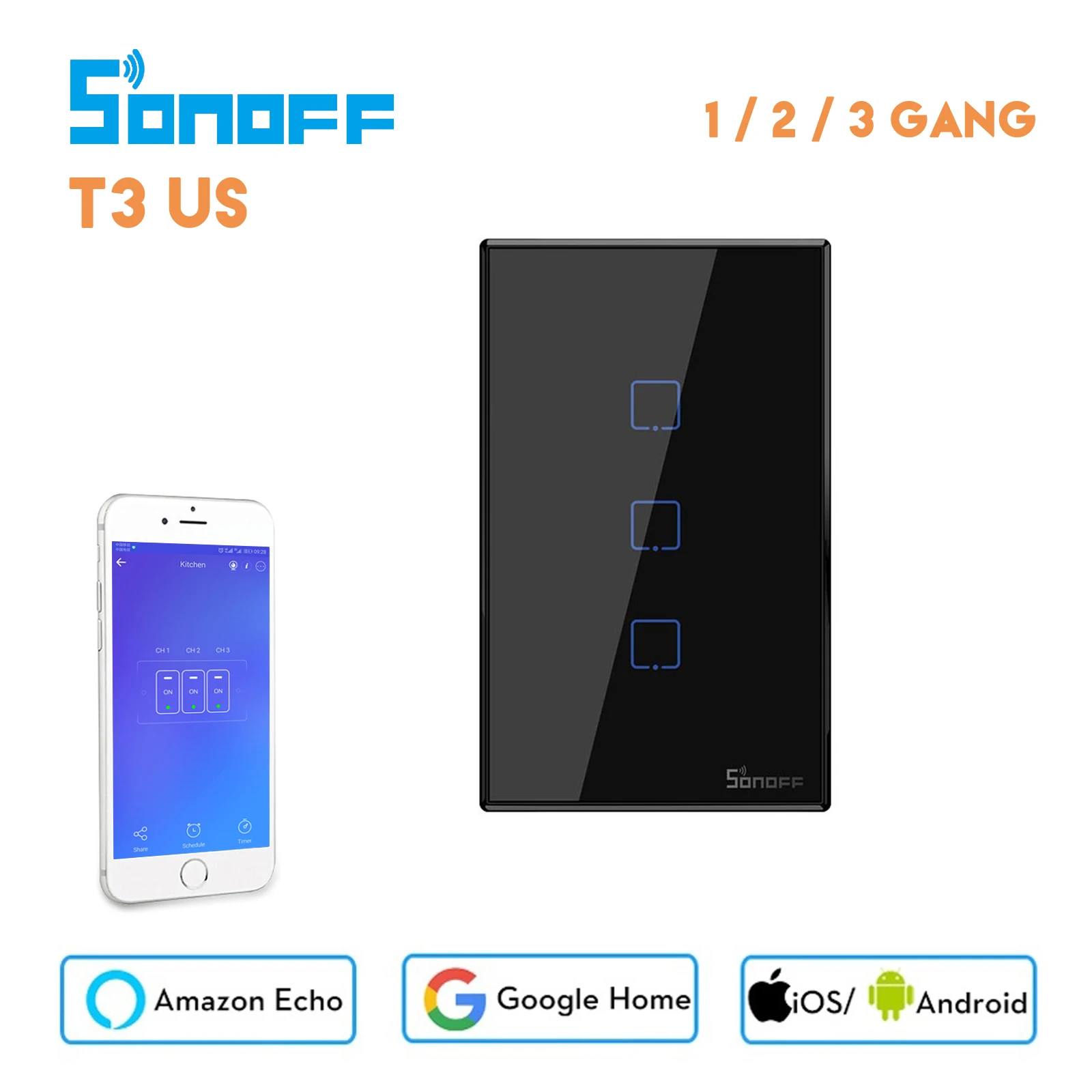 

Sonoff T3 US Smart Wifi Switch Black, Ewelink APP/433 RF Remote Control, Work with Alexa Google Home Smart Home
