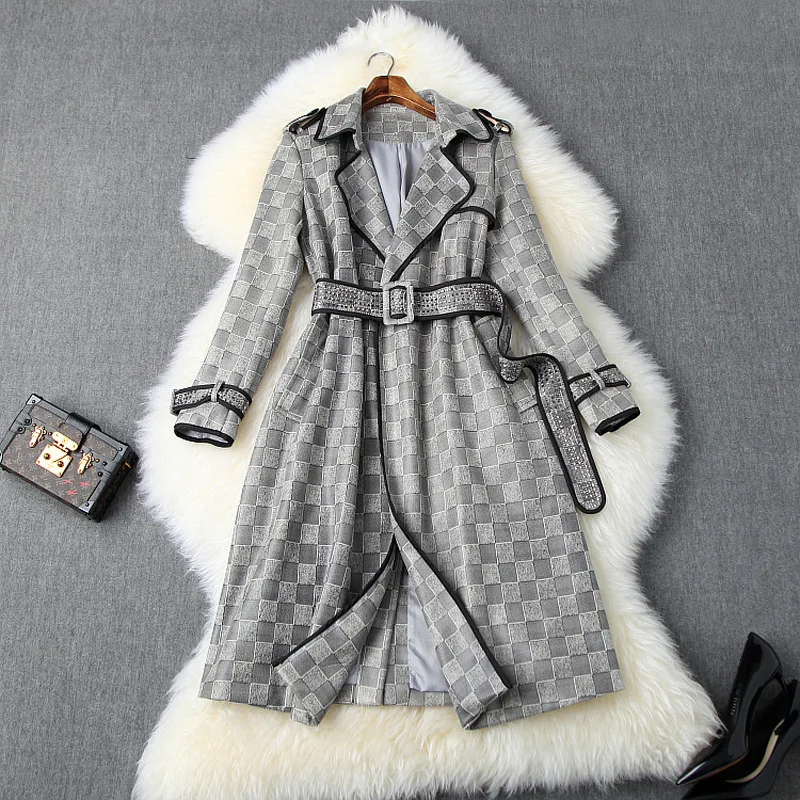 

Women autumn winter long trench coat new 2019 vintage fashion diamonds beading sashes slim plaid suede windbreaker gray
