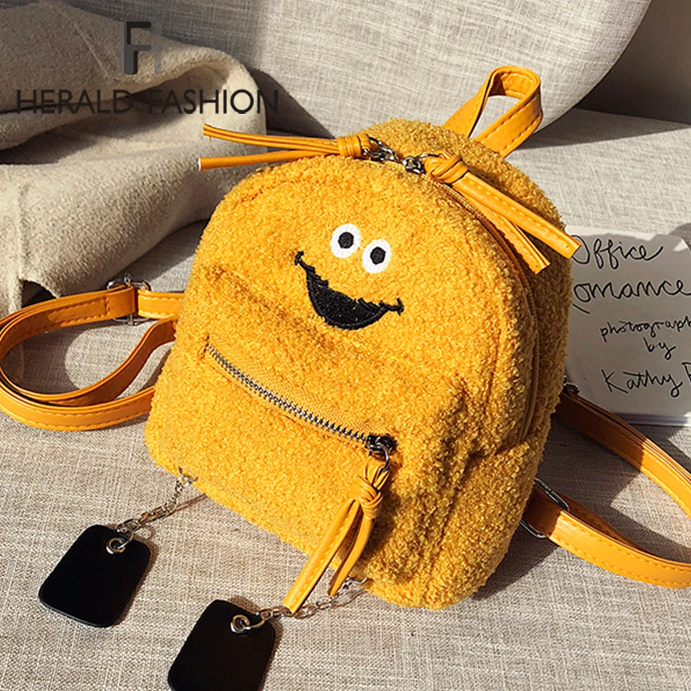 Fashion Flush Demon Smile Women Backpack Warm Faux Fur Small Female Rucksack Cute Design Travel for Teenage Girls |