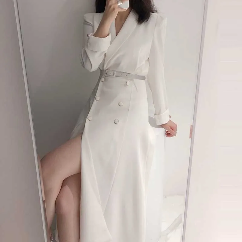 Korea One-Piece Chic Dress Women 2020 Spring Autumn Vintage Elegant Lapel Double-Breasted Lace-Up Waist Dresses For Female Dress