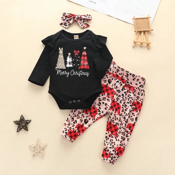 

Newborn Baby Girl Christmas 3Pcs Clothes Set Long Sleeve Romper Bodysuit Leopard Pants Headband Winter Outfit