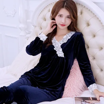 

2PCS Sleep Set Women Autumn New Sleepwear Pajamas Suit Velour Sexy Nightwear Pyjamas Casual Velvet Homewear Home Clothing