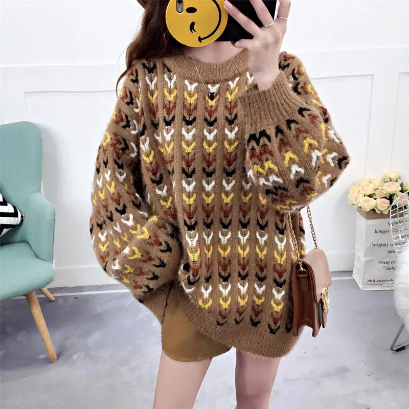 

Fashion Solid Knitted Pullover Loose Office Lady Sweater Patchwork Long Sleeve Winter Clothes Women 2019