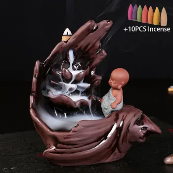 

Incense Burner + 10Pc Incense Cones Creative Home Decor The Little Monk Small Buddha Censer Backflow Incense Burner Use In House