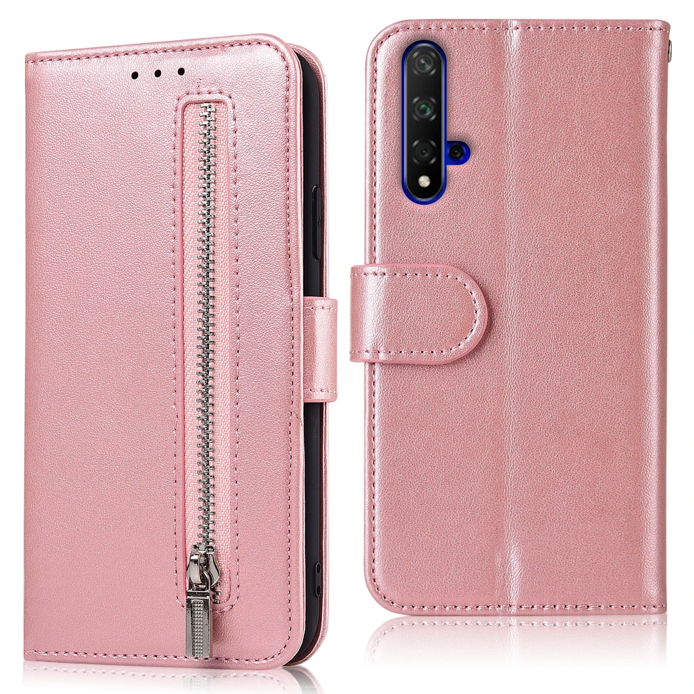 Кожаный чехол-кошелек на молнии для huawei nova 5 T, чехол с ремешком для телефона, чехол для huawei nova 5 T, плотный чехол для huawei 5TCapa - Цвет: 61zipper--Pink