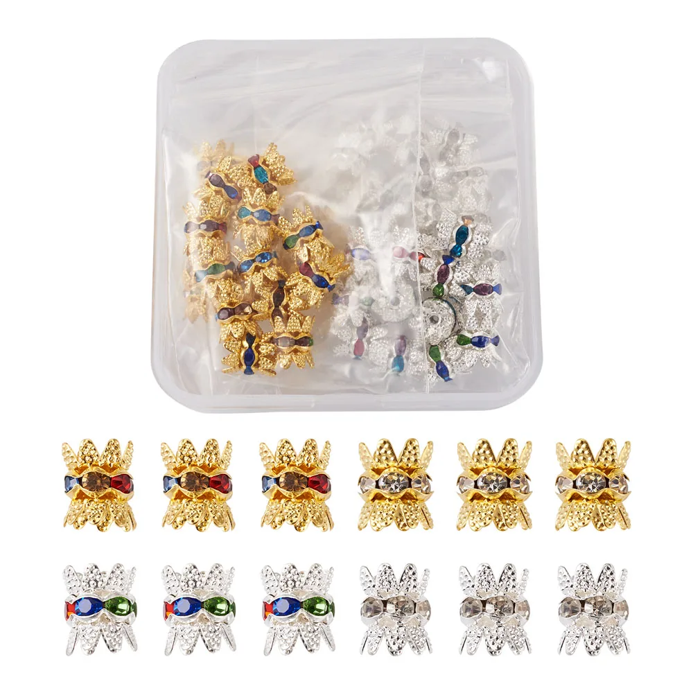 

48pcs Double Beads Caps Mixed Color Rhinestone Filigree Flower Spacer Beads for Jewelry Making DIY Bracelet Necklace Earrings