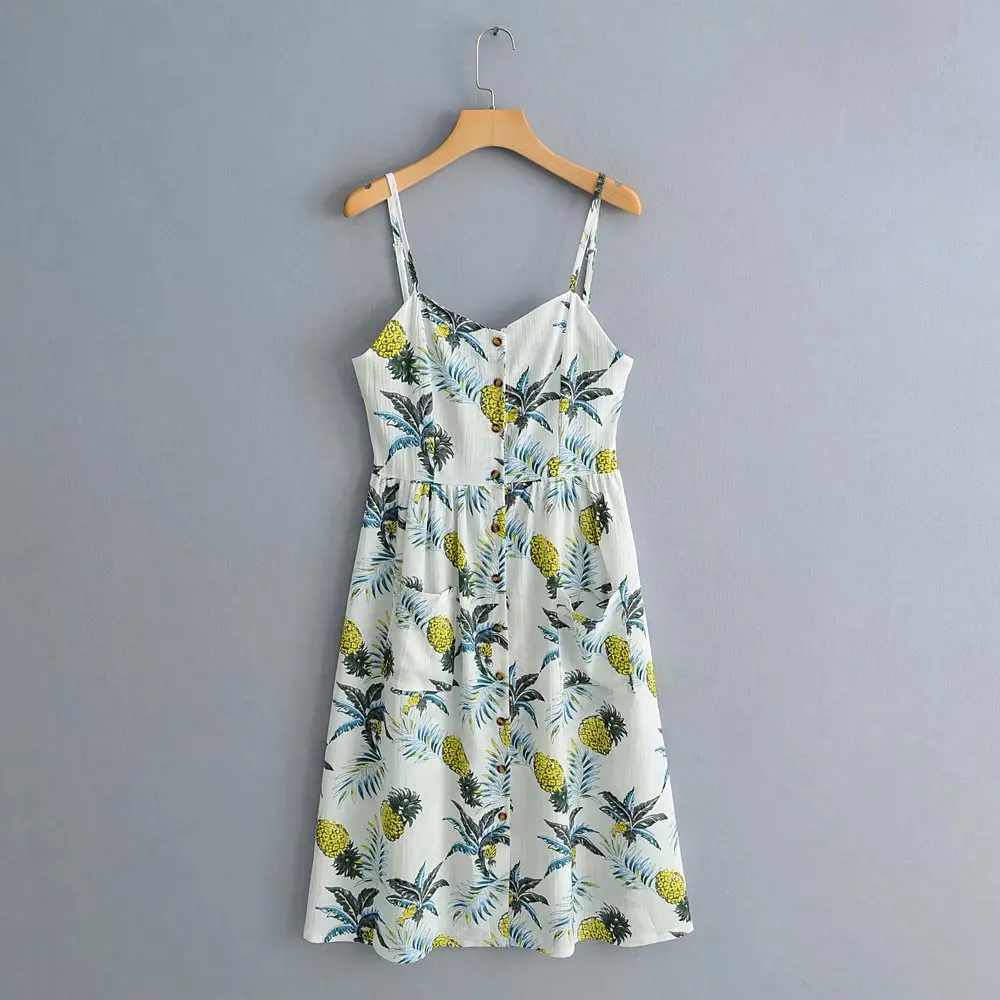 

2019 Summer New Style Europe And America Vacation Style Torrid Zone Fruit Pineapple Printed Button Ornaments Strapped Dress