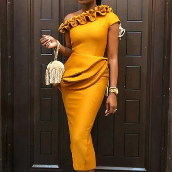 

HIGH STREET New Fashion 2020 Summer Designer Runway Dress Women's One Shoulder Ruffles Pencil Dress