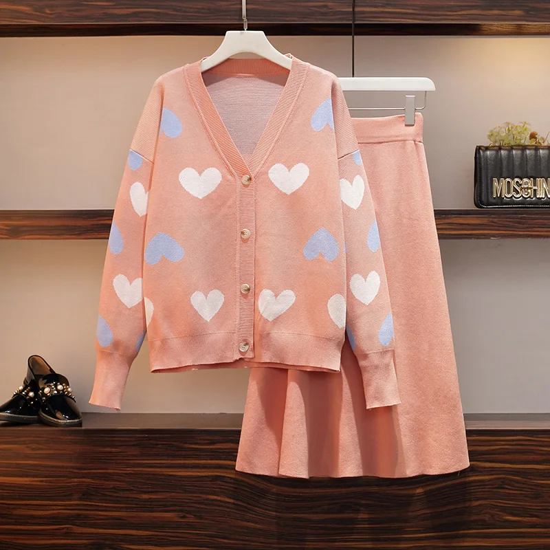 

Women Knit Pink Set Cardigan Sweaters Skirts Suit V Neck Heart Print Long Sleeve Knitted Skirt Set Winter Autumn OL Skirt Suits