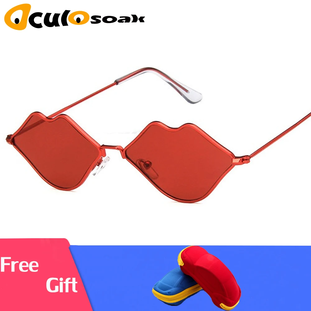 

Lips Shape Sunglasses Women Sexy Mouth Sun Glasses Clear Color Metal Frame Eyewear Party Ladies Cateye Small with box